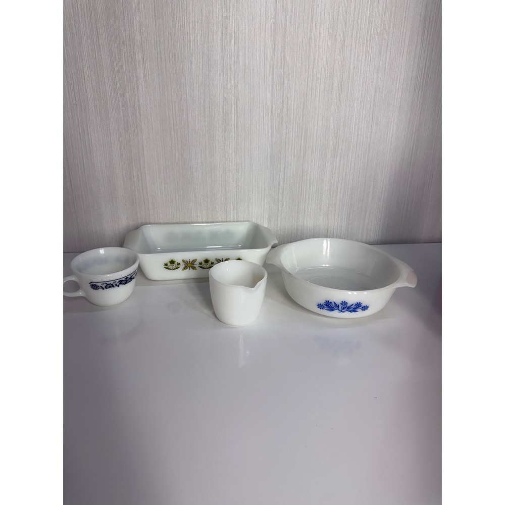 Fire King Anchor Hocking Milk Glass Set Blue Cornflower Meadow Green 4pc
